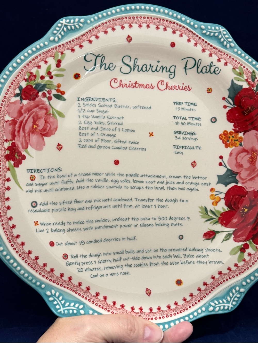 The Pioneer Woman Teal and Red Christmas Cherries Sharing Plate
